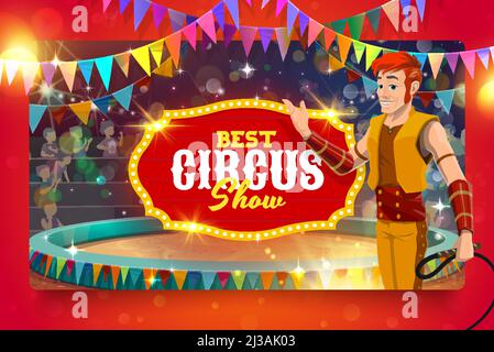 Animateur d'animaux de dessin animé sur scène de cirque Shapeito, affiche vectorielle de carnaval au festival. Spectacle de cirque et d'animaux, festival de parc d'expositions pour enfants et parc d'attractions Illustration de Vecteur
