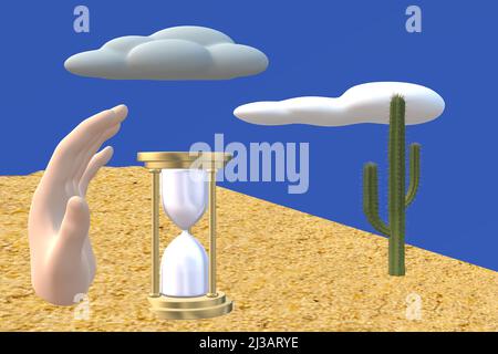 Main essayant d'arrêter un sablier dans un désert. Banque D'Images