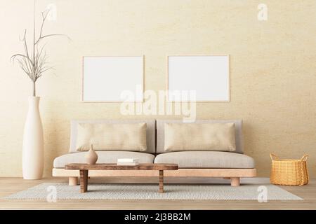 Deux affiches horizontales mockup dans le style neutre intérieur salle de séjour avec canapé bas, verseuse en céramique, table d'appoint, panier en osier et livres sur béton vide Banque D'Images