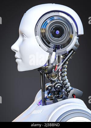 3D réalisation du portrait de la tête d'une femme robot android en vue latérale du profil. Arrière-plan sombre. Concept d'intelligence artificielle. Banque D'Images