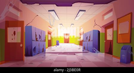 Vieux couloir d'école sale avec des casiers cassés, des portes aux salles de classe, des poubelles et un panneau d'affichage sur le mur. Dessin animé vectoriel à l'intérieur du couloir vide dans Illustration de Vecteur