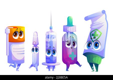 Dessin animé remède, drogues et caractères de médicament. Mascottes de médecine mignonnes avec des visages kawaii souriants. Bon spray, seringue, ampoule et flacon avec gouttes, Illustration de Vecteur