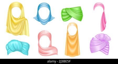 Turbans et hijabs de couleur, adresse indienne et arabe pour femme. Vector Realistic ensemble de foulards tortueux, pagndi, traditionnel musulman et islam fema Illustration de Vecteur