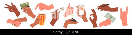 Mains humaines avec différents signaux, gestes et poses ensemble, personne tenant des objets Illustration de Vecteur