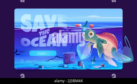 Site Web Save Ocean avec une tortue, des sacs en plastique et des ordures dans l'eau. Page d'atterrissage de vecteur de pollution de la mer avec caricature triste animal marin, déchets et toxi Illustration de Vecteur