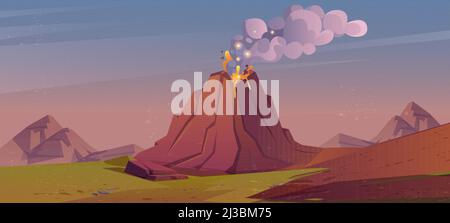 Paysage avec éruption volcanique. Illustration de dessin animé vectoriel avec montagnes, herbe verte et éruption de volcan avec lave chaude, feu et nuages de fumée, Illustration de Vecteur