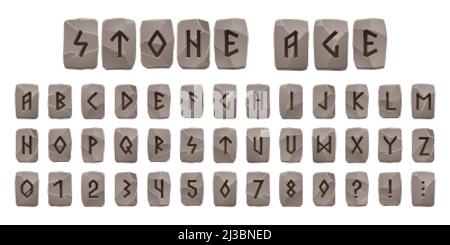 Alphabet de pierre des runes viking, police celtique avec des signes runes anciens sur des morceaux de roche gris. ABC style scandinave lettres, chiffres et ponctuati Illustration de Vecteur