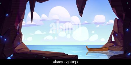 Paysage avec vue sur la mer troglodyte et bateau en bois solitaire flottant sur la surface de l'eau. Trou dans le rocher avec l'océan, les montagnes et les nuages dans le ciel bleu clair, caché sous-grou Illustration de Vecteur