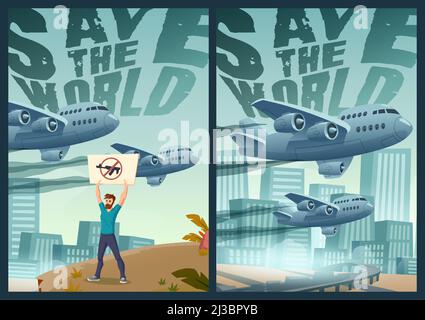 Sauvez les affiches de dessins animés du monde, le démonstrateur d'homme avec une bannière d'armes à feu croisées se tiennent seul sur fond de paysage urbain avec des avions militaires volant dans sk terne Illustration de Vecteur