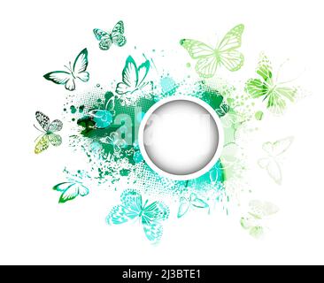 Papillons sur fond aquarelle émeraude. Supports mixtes. Cadre rond. Illustration vectorielle Illustration de Vecteur