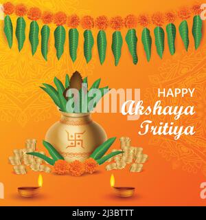 Happy Akshaya Tritiya Hindous Festival carte de vœux conception fond. Fleur de Marigold, feuilles de mangue, noix de coco, kalash, pièces d'or, et vecteur de lampes à huile Illustration de Vecteur