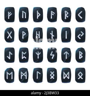 Ensemble de runes de jeu d'onyx, alphabet antique nordique, symboles du futuriste celtique viking gravés sur des pièces en pierre noire. Signes occulte ésotériques, interface utilisateur mystique ou gui Illustration de Vecteur