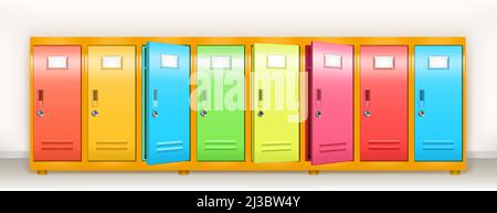 Casiers colorés, école vecteur ou salle de gym vestiaires meubles en métal. Rangée de stockage multicolore avec portes fermées et ouvertes, clés et plaques nominatives en c Illustration de Vecteur