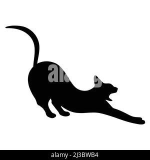 Illustration du vecteur de silhouette Cat Flex noir. Animal domestique arqué dos pose isolée. Ombre abstraite de chat, image simple
