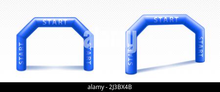 Arches gonflables pour la publicité, les courses, le marathon et les événements sportifs. Porte arcades bleue avec lettrage, terminer le début de la compétition sportive isolée o Illustration de Vecteur