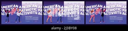 Les pages d'arrivée de caricatures des droits de l'homme avec des personnes multiraciales ont le drapeau des États-Unis. Mouvement patriotique américain. Peau blanche et noire femmes ou hommes pro Illustration de Vecteur