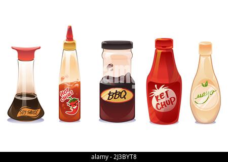 Sauces et sauces en bouteilles de verre et de plastique isolées sur fond blanc.Ketchup, mayonnaise, barbecue, piment chaud et assaisonnement au soja dans l'emballage.VEC Illustration de Vecteur