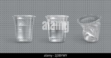 Tasses en plastique, crues et pleines de tasses jetables d'eau isolées sur fond transparent.Émietter les déchets, utiliser un récipient vide pour les boissons, polluer Illustration de Vecteur