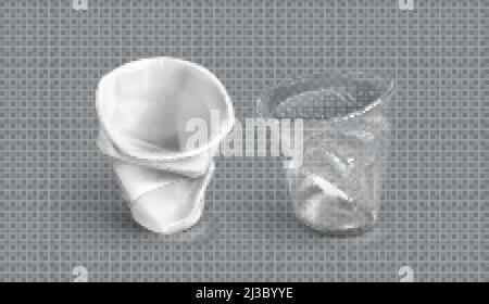 Tasses en plastique utilisées, verres jetables blancs et transparents.Ensemble vectoriel réaliste de tasses vides froissés pour l'eau et les boissons isolées sur fond transparent Illustration de Vecteur