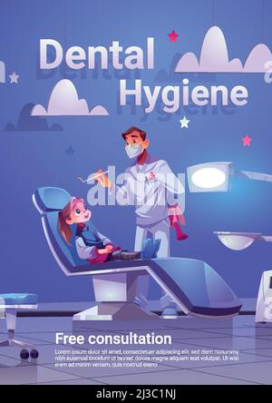 Affiche publicitaire de dessin animé d'hygiène dentaire avec enfant au cabinet du dentiste.Petit patient et médecin à la clinique stomatologique pour les enfants, les dents et la cavité buccale medi Illustration de Vecteur