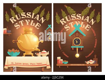 Affiche de style russe avec vieille cuisine rurale intérieur substance samovar sur la table avec théière et boulangerie dans les assiettes, Cuckoo-clock, confiture et ustensiles o Illustration de Vecteur