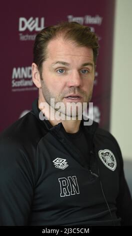 Oriam Sports Center Edinburgh.Scotland.UK.7th avril 22 Gestionnaire de coeurs Robbie Neilson Conférence de presse pour Cinch Premiership vs Hibernian . Crédit : eric mccowat/Alay Live News Banque D'Images