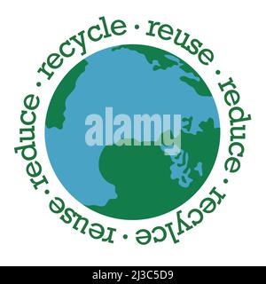 Terre avec typographie de recycler, réutiliser et réduire l'illustration vectorielle isolée sur fond blanc. Concept de gestion des déchets. Illustration de Vecteur