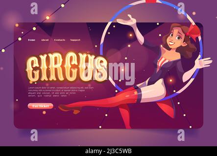 Site Web de cirque avec la jeune fille de gymnaste aérienne dans le cerceau.Bannière d'invitation au spectacle de carnaval, représentation théâtrale au cirque.Page d'accueil Vector avec dessin animé i Illustration de Vecteur