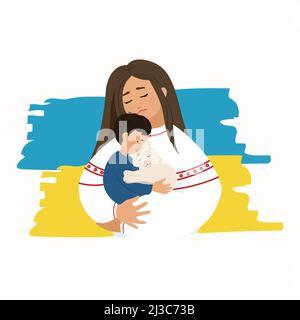 Triste femme tenant un bébé et un chat dans ses bras, illustration vectorielle. Maman et bébé avec un animal de compagnie Illustration de Vecteur