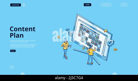Bannière du plan de contenu.Concept de travail d'organisation dans les médias sociaux, gestion de publication.Page d'accueil Vector avec femmes isométriques et calendrier avec Illustration de Vecteur