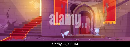 Intérieur du château médiéval abandonné.Palais de conte de fées délabré avec porte voûtée en bois craqué, pots de fleurs cassés, bannières déchiquetées sur le mur et l'épide Illustration de Vecteur