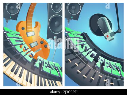 Affiches de dessin animé de la Fête de la musique avec guitare électrique, synthétiseur, dynamique et microphone dans un studio d'enregistrement.Soirée disco musicale Rock-n-roll, concer pop Illustration de Vecteur