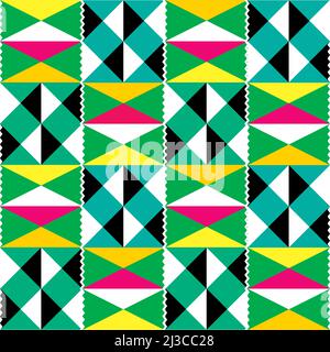 Motif textile sans couture à vecteur tribal - style toile de boue Kente, motif géométrique traditionnel de nwentoma du Ghana, africain en vert, jaune et rose Illustration de Vecteur