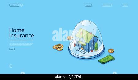 Bannière assurance habitation.Concept de la sécurité financière des biens, garantie immobilière.Page d'accueil de vecteur de service d'assurance avec la maison isométrique en pro Illustration de Vecteur