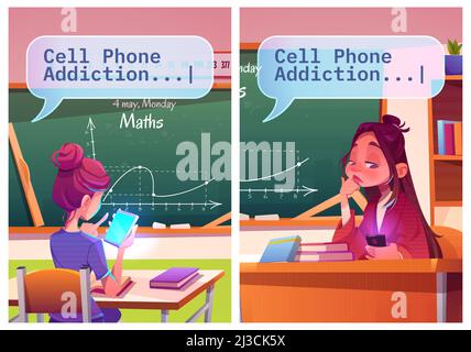 Posters de dessin animé de dépendance de téléphone cellulaire, ennuyeuse fille d'école, étudiant et jeune enseignant assis au bureau bavardant par smartphone au lieu d'étudier ou teac Illustration de Vecteur