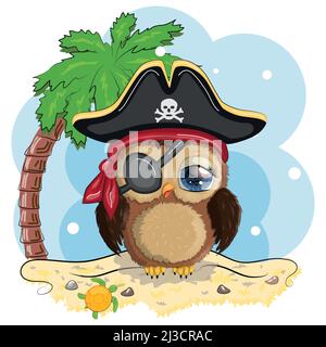 Hibou pirate, personnage de dessin animé du jeu, un oiseau dans un bandana et un chapeau à tête de cocon avec un crâne, avec un timbre oculaire. Caractère avec des yeux brillants sur l'isl Illustration de Vecteur