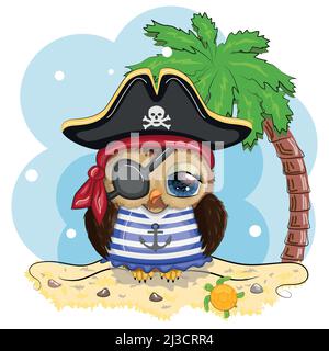 Hibou pirate, personnage de dessin animé du jeu, un oiseau dans un bandana et un chapeau à tête de cocon avec un crâne, avec un timbre oculaire. Caractère avec des yeux brillants sur l'isl Illustration de Vecteur