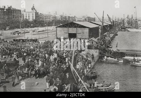 Histoire de l'Espagne. Barcelone, Catalogne. Troupes revenant des Philippines, vérifiées le 27 février 1898. Photogravure. La Ilustración Española y Americana, 1898. Banque D'Images