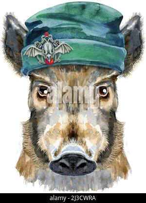 Bonnet vert à la pigeonnie mignonne. Wild Boar pour les motifs des tee-shirts. Illustration du marron aquarelle Banque D'Images