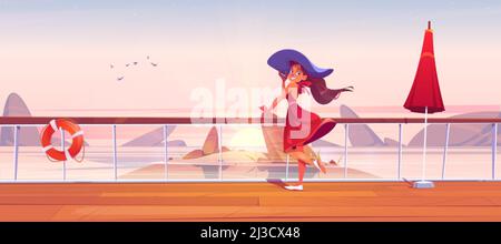 Belle fille sur pont de bateau de croisière ou remblai avec rail, parapluie et bouée de sauvetage.Paysage de dessin animé vectoriel de la mer avec des rochers, le soleil levant et la femme dedans Illustration de Vecteur
