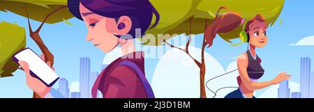 Parc municipal avec une fille courir et une femme utilisant un téléphone portable.Illustration vectorielle du paysage urbain du matin, personnage féminin dans un casque et un costume de sport Illustration de Vecteur