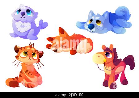 Animaux en peluche, jouets doux mignons pour bébés.Ensemble de dessins animés vectoriels de jouets moelleux drôle, joli chien en textile, chat, phoque, renard et cheval.Animaux sauvages an Illustration de Vecteur