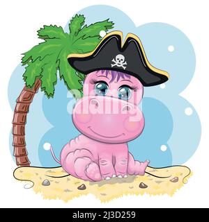 Hippopotame pirate, personnage de dessin animé du jeu, animal sauvage dans un bandana et un chapeau de coké avec un crâne, avec un oeil patch.personnage avec ey brillant Illustration de Vecteur