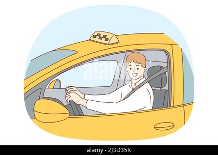 Le concept de chauffeur de taxi. Jeune homme souriant conducteur assis et regardant de la fenêtre dans taxi traditionnel jaune pendant l'illustration de vecteur de travail Illustration de Vecteur