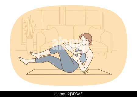 Concept de vie sportive et de mode de vie au trou. Jeune femme souriante faisant de l'exercice physique de l'abs faire de la forme physique sur le tapis à la maison illustration vectorielle Illustration de Vecteur