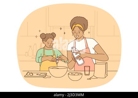 Cuisine en famille et loisirs. Bonne positive mère noire et sa fille debout dans la cuisine à la maison faire de la pâte et cuisiner ensemble tarte ou illustration de vecteur de gâteau Illustration de Vecteur