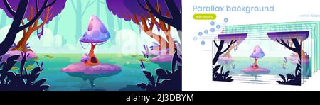 Arrière-plan de parallaxe pour le jeu de fantaisie, énorme champignon dans l'étang de forêt ou le paysage 2d marécageux.Nature extraterrestre ou magique, belle fée champignon, scène de dessin animé Illustration de Vecteur