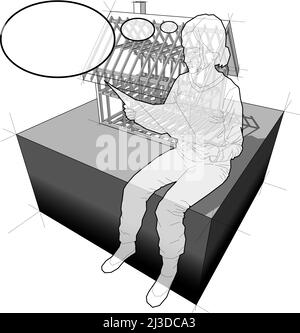 diagramme de construction de cadre en bois d'une maison individuelle simple et d'une femme avec bulle de pensée Banque D'Images