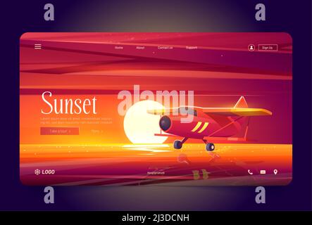 Un avion rouge survole l'eau au coucher du soleil.Page d'atterrissage vectorielle de vols avec illustration de dessin animé du paysage du soir avec lac, mer ou rivière, soleil sur h. Illustration de Vecteur