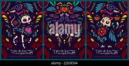Dia de los muertos affiches de dessins animés, le jour mexicain des animaux morts et le squelette d'oiseaux dans le style traditionnel alevarbrije, les crânes de sucre de vacances, la fleur et Illustration de Vecteur